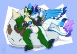  anthro bottlebear canid canine cuddling diaper dragon fur green_body green_fur hi_res infantilism male mammal plushie tongue tongue_out wings 