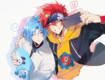  &gt;_&lt; 2boys bangs black_hairband black_jacket blue_eyes blue_hair blush cellphone closed_mouth collared_shirt drawstring grin hair_between_eyes hairband hand_on_another&#039;s_shoulder hasegawa_langa highres holding holding_phone holding_skateboard hood hoodie jacket kyan_reki long_sleeves male_focus multiple_boys one_eye_closed open_clothes open_jacket orange_eyes phone print_hoodie red_hair selfie shirt short_hair simple_background sk8_the_infinity skateboard smartphone smile spoken_expression teeth white_background white_shirt yellow_hoodie yusa_(yusa0751) 