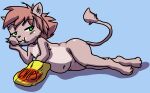  absurd_res anthro brown_hair chips_(food) domestic_cat felid feline felis female flat_chested food green_eyes hair half-closed_eyes hi_res looking_at_viewer lying mammal narrowed_eyes sloss snack snacks solo 