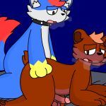  anthro balls canid canine fox fur genitals hair hi_res lyncario male male/male male_penetrated male_penetrating male_penetrating_male mammal nude open_mouth penetration penis sex simple_background thick_thighs tunbear_(lyncario) tunfox_(lyncario) ursid 