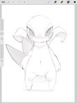  3:4 ambiguous_gender azre biped eyelashes feral front_view genitals hi_res leaf_tail looking_at_viewer monochrome navel nintendo no_pupils pok&eacute;mon pok&eacute;mon_(species) pussy shadow simple_background sketch snivy solo standing video_games 