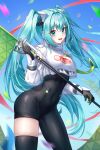  1girl absurdres aqua_eyes aqua_hair ass asymmetrical_bodysuit black_bodysuit bodysuit confetti crop_top crop_top_overhang cropped_jacket flagpole goodsmile_racing hatsune_miku highres hip_focus holding holding_pole long_hair looking_at_viewer navel pole racing_miku racing_miku_(2022) single_thighhigh skin_tight soo_ou thighhighs thighs twintails two-tone_gloves vocaloid 