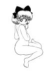  1980s_(style) 1girl bad_id bad_twitter_id barefoot bow commentary_request completely_nude greyscale hair_bow hakurei_reimu highres looking_at_viewer monochrome nude retro_artstyle short_hair simple_background sitting takemoto_izumi_(style) touhou wariza white_background yatyou 