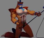 &lt;3 5_fingers animatronic anthro blood blood_drip bodily_fluids bow_tie bracelet brown_body brown_fur claws clothing fangs finger_claws fingers five_nights_at_freddy&#039;s five_nights_at_freddy&#039;s:_security_breach fur glamrock_freddy_(fnaf) grey_background hat headgear headwear hi_res holding_microphone holding_object jewelry kato200_0 kneeling looking_at_viewer machine male mammal microphone mostly_nude muscular muscular_anthro muscular_male pecs robot scottgames simple_background solo spiked_bracelet spikes tongue tongue_out top_hat ursid video_games 