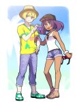  1boy 1girl arm_grab bare_shoulders baseball_cap blonde_hair blue_eyes dark-skinned_female dark_skin denim denim_shorts dexio_(pokemon) eyewear_removed full_body green_footwear hat hk_(nt) pokemon pokemon_(game) pokemon_sm purple_hair shirt shorts sina_(pokemon) sky sunglasses sunlight white_shirt wristband yellow_shirt 