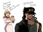  1boy 1girl :d ^_^ apron black_hair black_headwear black_jacket blonde_hair blush breasts chain closed_eyes earrings english_text highres hoop_earrings insult jacket jewelry jojo_no_kimyou_na_bouken kujo_holy kujo_jotaro mother_and_son open_mouth profanity shirt smile stardust_crusaders tina_fate 