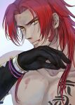  1boy absurdres armband bangs blood bracelet chest_tattoo collarbone elbow_gloves furrowed_brow gloves hair_behind_ear hand_up highres jewelry long_bangs long_sideburns looking_at_viewer male_focus multiple_bracelets parted_bangs pectorals red_hair serious shitakawa short_hair_with_long_locks sideburns sidelocks simple_background smeared_blood solo tattoo thick_eyebrows tonbokiri_(touken_ranbu) topless_male touken_ranbu upper_body white_background 