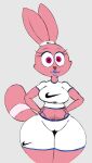  accessory anthro big_breasts blue_lips bottomwear breasts camel_toe cartoon_network chowder_(series) clothing female hair_accessory hairband hand_on_hip hi_res huge_thighs lagomorph leporid lips looking_at_viewer mammal neom-daddy nike panini_(chowder) pink_body pubes rabbit red_eyes shirt shorts smile solo thick_thighs thong topwear underwear wide_hips 