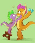  absurd_res accidental_kiss anthro blue_eyes chair dragon duo elicitie female friendship_is_magic furniture gem green_background green_body green_eyes hasbro hi_res holding_object kissing male my_little_pony orange_body purple_body scalie simple_background smolder_(mlp) spike_(mlp) spikes surprise wings 