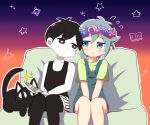  2boys bangs bare_shoulders basil_(omori) black_eyes black_hair black_shirt blue_eyes blush cat commentary_request couch dokuta expressionless flower hair_between_eyes hair_flower hair_ornament head_wreath highres holding looking_at_another male_focus multiple_boys omori otoko_no_ko overalls pale_skin shirt short_hair shorts simple_background sitting smile sunny_(omori) yaoi 