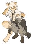  2022 anthro bulge cheek_tuft cigarette clothed clothing countershade_face countershading duo eyes_closed facial_tuft felid fur grey_body grey_fur hair hand_on_head hi_res holding_cigarette holding_object hyaenid kemono lion male mammal milkytiger1145 necktie open_clothing open_shirt open_topwear pantherine shirt simple_background smoking tan_body tan_fur topwear tuft white_background white_clothing white_hair white_shirt white_topwear 