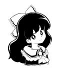  1980s_(style) 1girl ascot bad_id bad_twitter_id bangs bow closed_mouth collared_vest commentary_request face frilled_bow frills greyscale hair_bow hakurei_reimu happy head_tilt highres long_hair monochrome retro_artstyle simple_background smile takemoto_izumi_(style) touhou vest white_background yatyou 