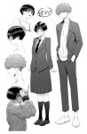  1boy 1girl blazer blush bra character_sheet check_commentary commentary commentary_request fumitan_(humitan) greyscale highres jacket jimiko loafers monochrome necktie original pleated_skirt school_uniform shirt shoes short_hair skirt underwear wrist_cuffs 