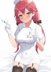  1girl absurdres ahoge alternate_costume blush closed_mouth covered_navel gloves green_eyes hair_ornament hairclip highres hololive id_card long_hair looking_at_viewer nurse pink_hair sakura_miko solo sweat syringe thighhighs twintails virtual_youtuber white_gloves woogi 
