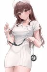  1girl bangs blush breasts brown_eyes brown_hair closed_mouth cowboy_shot dress eyebrows_visible_through_hair hat highres holding_stethoscope large_breasts long_hair looking_at_viewer nurse nurse_cap original po_ppe short_sleeves simple_background smile solo stethoscope white_background white_dress white_headwear 