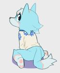  animal_crossing anthro black_eyes blue_body blue_fur blush bottomless butt canid canine canis clothed clothing female fur grey_background hi_res kemokin_mania kneeling leaning leaning_forward long_sleeve_shirt looking_at_viewer looking_back looking_back_at_viewer mammal multicolored_body multicolored_fur nintendo paws rear_view shirt simple_background skye_(animal_crossing) solo topwear video_games white_body white_fur wolf 