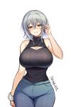 1girl absurdres adjusting_hair arm_at_side artist_name bare_arms bare_shoulders black_sweater blue_pants breasts cleavage cleavage_cutout clothing_cutout counter:side cowboy_shot denim grey_hair grin hand_up hayami_kanade_(counter:side) highres huge_breasts looking_at_viewer maett pants ribbed_sweater short_hair simple_background sleeveless sleeveless_sweater sleeveless_turtleneck smile solo sweater sweater_tucked_in turtleneck turtleneck_sweater white_background wrist_cuffs yellow_eyes 