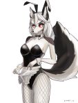  absurd_res bunny_costume canid canid_demon canine canis clothing costume demon female fishnet fishnet_legwear gfox404 hair hellhound helluva_boss hi_res legwear loona_(helluva_boss) mammal red_eyes solo white_hair wolf 