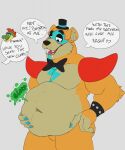  anthro belly big_belly bow_tie bracelet clothing colored_claws dialogue digestion digestion_noises english_text glamrock hat headgear headwear hi_res jewelry male male_pred mammal rohunt shoulder_pads solo spiked_bracelet spikes text top_hat ursid vore 