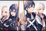  2boys 2girls armor bangs belt black_coat blue_eyes blue_hair book cape chrom_(fire_emblem) coat collar collarbone falchion_(fire_emblem) father_and_daughter fingerless_gloves fire_emblem fire_emblem_awakening gloves hair_between_eyes highres holding holding_book holding_sword holding_weapon long_hair looking_at_viewer lucina_(fire_emblem) multiple_boys multiple_girls open_mouth reia_hana robin_(fire_emblem) robin_(fire_emblem)_(female) robin_(fire_emblem)_(male) short_hair shoulder_armor smile sword symbol-shaped_pupils symbol_in_eye tiara twintails twitter_username upper_body weapon white_background white_hair yellow_eyes 