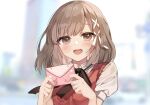  1girl :d black_ribbon blurry blurry_background blush collared_shirt cue! depth_of_field envelope eyebrows_visible_through_hair grey_eyes grey_hair hair_ornament hair_ribbon happy highres holding holding_envelope holding_letter kaminari_kinenbi letter medium_hair mutsuishi_haruna neck_ribbon open_mouth puffy_short_sleeves puffy_sleeves red_sweater_vest ribbon round_teeth shirt short_sleeves smile solo sweater_vest teeth upper_body upper_teeth white_ribbon white_shirt x_hair_ornament 