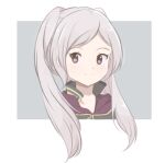  1girl artist_name bangs border brown_eyes chocomiru closed_mouth collarbone eyebrows fire_emblem fire_emblem_awakening grey_background long_hair looking_to_the_side robe robin_(fire_emblem) robin_(fire_emblem)_(female) signature silver_hair smile solo twintails upper_body white_border 