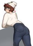  1girl absurdres ass beanie breasts brown_eyes dated denim from_behind glasses hat highres jeans large_breasts looking_back original pants short_hair snowcie snowciel solo sweater sweater_tucked_in white_background white_headwear white_sweater 