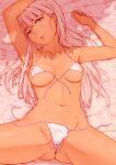  1girl 99aj armpits bangs bed_sheet bikini breasts collarbone commentary_request covered_nipples dark-skinned_female dark_skin highres long_hair looking_at_viewer lying medium_breasts micro_bikini navel on_back original pink_hair red_eyes solo swimsuit white_bikini 