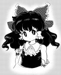  1980s_(style) 1girl ascot bad_id bad_twitter_id bangs bow collared_vest commentary_request detached_sleeves face frilled_bow frills greyscale hair_tubes hakurei_reimu highres long_sleeves looking_at_viewer medium_hair monochrome polka_dot polka_dot_bow retro_artstyle takemoto_izumi_(style) touhou upper_body vest wavy_hair yatyou 