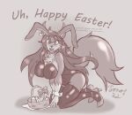  abs absurd_res anthro big_breasts blush breasts breasts_press bunny_costume canid canine canis chest_tuft clothing costume coyote ear_piercing ear_ring easter easter_egg embarrassed female hair hi_res holidays huge_breasts kneeling long_hair mammal monochrome orlena piercing sketch solo sonomatic tuft wide_hips 