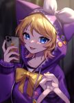  1girl animal_hood badge blonde_hair blue_eyes bow button_badge cat_hood cellphone collarbone fangs hair_ornament hairclip highres holding holding_phone hood hood_up hoodie kagamine_rin looking_at_viewer open_mouth phone purple_hoodie short_hair smile solo soramame_pikuto sticker v vocaloid 