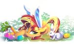  ambiguous_gender blonde_hair carrot duo easter easter_egg equestria_girls equid equine fake_ears fake_rabbit_ears female feral food grass green_eyes hair hasbro holidays horn lagomorph leporid lying mammal my_little_pony plant rabbit red_hair red_tail sketchiix3 sunset_shimmer_(eg) unicorn vegetable whiskers yellow_body yellow_tail 