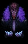  1boy black_background black_jacket boku_no_hero_academia brown_hair feather_trim gloves head_down jacket looking_at_viewer male_focus mask mouth_mask namuto_(t0seganam) open_hands overhaul_(boku_no_hero_academia) plague_doctor_mask purple_feathers raised_eyebrow short_hair solo tenebrism upper_body white_gloves yellow_eyes 