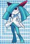  1girl alternate_color arm_at_side bangs blue_background blue_hair blue_skin blue_theme colored_skin commentary_request flat_chest full_body hair_over_one_eye hand_up kirlia long_hair looking_up minashirazu multicolored_skin no_mouth one_eye_covered partial_commentary pokemon pokemon_(creature) red_eyes shiny_pokemon sidelocks solo standing two-tone_skin white_skin 