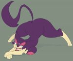  anthro ass_up big_breasts big_butt breast_squish breasts butt felid feline female flexible fur green_eyes imric1251 jack-o&#039;_pose looking_at_viewer mammal nintendo open_mouth pok&eacute;mon pok&eacute;mon_(species) pose purple_body purple_fur purrloin smile solo squish video_games 