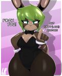  2022 :&lt; absurd_res anthro bec_(lobokosmico) breasts brown_body bunny_costume cleavage clothed clothing costume curvy_figure digital_drawing_(artwork) digital_media_(artwork) english_text female fingers fur gesture green_eyes green_hair hair hi_res lagomorph legwear leporid lobokosmico looking_at_viewer mammal pointing profanity rabbit short_stack simple_background small_breasts solo text thick_thighs 