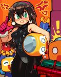  1girl 3others alternate_hairstyle black_legwear black_leotard brown_hair crotch_plate earrings eyebrows_visible_through_hair green_eyes hairband holding holding_water_gun jewelry leotard mega_man_(series) mega_man_legends multiple_others pantyhose pink_hairband servbot_(mega_man) skull_earrings solo_focus super_soaker tron_bonne_(mega_man) wamudraws water_balloon water_gun wet 