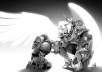  1boy 1girl adeptus_astartes ahoge angel_wings armor blonde_hair blood_angels blue_eyes braid breastplate closed_mouth gauntlets genderswap genderswap_(mtf) glowing glowing_eyes glowing_hair glowing_wings gold_armor greyscale highres imperium_of_man kneeling laurel_crown monochrome one_knee pauldrons power_armor ryuusei_(mark_ii) sanguinius shoulder_armor signature warhammer_40k wings 