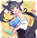 1girl alternate_costume animal_ears azur_lane black_hair blush bow breasts brown_eyes dog_ears drink hair_bow hair_ears hair_flaps hori_(hori_no_su) japanese_clothes large_breasts long_hair looking_at_viewer official_art ponytail shinai signature solo surprised sword takao_(azur_lane) weapon 