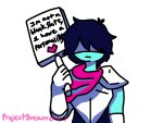  ambiguous_gender clothed clothing deltarune english_text hair hi_res human kris_(deltarune) mammal not_furry projectdreameryt simple_background solo text undertale_(series) video_games 