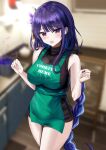  1girl absurdres apron bangs bare_arms bare_shoulders black_sweater blurry blurry_background blush braid braided_ponytail breasts commentary commentary_request dress eyebrows_visible_through_hair genshin_impact green_apron hair_ornament hanasaka_houcha hands_up highres indoors large_breasts long_hair looking_at_viewer open_mouth pot purple_eyes purple_hair raiden_shogun revision sleeveless sleeveless_sweater smile solo sweater sweater_dress thighs 