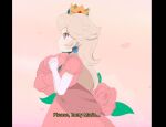  1girl animated animated_gif blinking blonde_hair brooch chocomiru crown dress earrings eyebrows flower from_side gloves jewelry long_hair mario_(series) open_mouth own_hands_together petals pink_dress princess princess_peach rose solo tiara white_gloves 