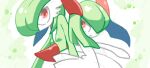  2girls arm_up bangs bob_cut closed_mouth colored_skin commentary_request flat_chest gardevoir green_background green_hair green_skin hair_over_one_eye kirlia looking_at_viewer medium_hair minashirazu multicolored_skin multiple_girls one_eye_covered outstretched_arm partial_commentary pokemon pokemon_(creature) red_eyes shiny shiny_hair short_hair sidelocks sketch standing two-tone_skin upper_body white_skin wide-eyed 