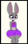  absurd_res anthro bottomwear bra buckteeth clothing disney english_text female flat_chested grey_body hi_res huge_hips huge_thighs judy_hopps lagomorph leporid mammal navel neom-daddy purple_eyes rabbit shorts solo sports_bra teeth text text_on_bra text_on_clothing text_on_underwear thick_thighs underwear wide_hips zootopia 