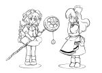  1980s_(style) 2girls apron ascot bad_id bad_twitter_id bow commentary_request crystal curly_hair ellen_(touhou) flandre_scarlet full_body hair_bow hand_on_own_chin hat holding holding_staff long_hair mob_cap multiple_girls puffy_short_sleeves puffy_sleeves retro_artstyle shirt short_hair short_sleeves simple_background skirt socks staff standing takemoto_izumi_(style) touhou very_long_hair vest white_background wings yatyou 