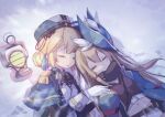  2girls azur_lane beret black_scarf blonde_hair blue_cape blue_headwear brown_shirt cape closed_eyes epaulettes eyebrows_visible_through_hair gloves hair_ornament hands_on_another&#039;s_shoulders hardy_(azur_lane) hat heads_together highres holding hunter_(azur_lane) ioniccrystal lantern light_brown_hair military military_hat military_uniform multiple_girls navel on_ground scarf shirt shorts sleeping smile trench_coat tricorne uniform upper_body white_gloves white_shorts wing_collar 