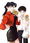  1boy 1girl alcohol bag beer beer_can black_dress black_pants blue_eyes breasts brown_eyes brown_hair can collared_shirt cross cross_necklace dress drinking earrings grocery_bag hand_on_hip highres holding holding_bag holding_can ikari_shinji jacket jenn59959 jewelry katsuragi_misato long_hair looking_at_viewer necklace neon_genesis_evangelion one_eye_closed pants plastic_bag purple_hair red_jacket shirt shopping_bag short_hair standing white_shirt 