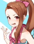  1girl absurdres armpits bikini blue_background bow breasts brown_hair collarbone hair_bow highres idolmaster idolmaster_(classic) kakaobataa long_hair looking_at_viewer lower_teeth minase_iori open_mouth ponytail red_eyes simple_background small_breasts solo swimsuit teeth upper_body white_background 