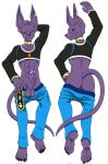  5_fingers 5_toes anthro anus balls barefoot beerus belly_shirt bottomwear bottomwear_down butt claws clothed clothing crop_top dakimakura_design deity domestic_cat dragon_ball dragon_ball_super erection feet felid feline felis fingers front_and_back genitals hairless hairless_cat hi_res humanoid_feet low_waisted_pants male mammal pants pants_down partially_clothed penis purple_body purple_skin shirt soles solo toes topwear 