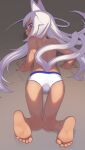  1girl absurdres animal_ears arm_support ass bare_legs barefoot blue_eyes cat_ears cat_girl cat_tail closed_mouth commentary_request feet from_above from_behind highres long_hair looking_at_viewer looking_back looking_up multiple_tails original owasaki panties soles solo tail toenails toes topless two_tails underwear very_long_hair white_hair white_panties 